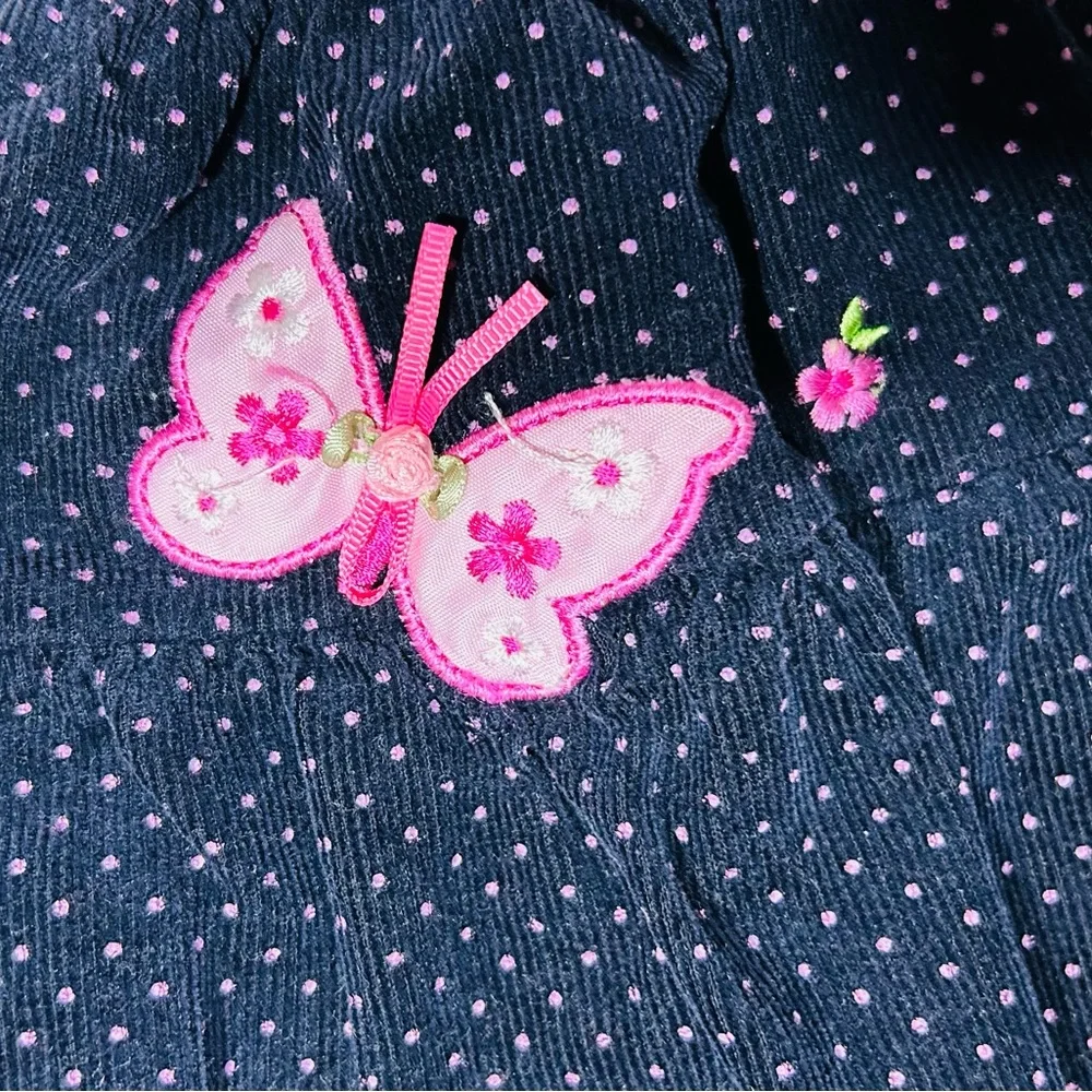Rare Editions Navy Corduroy Dress with Pink Dots and Butterfly Accents- Size 12M - Picture 4 of 6